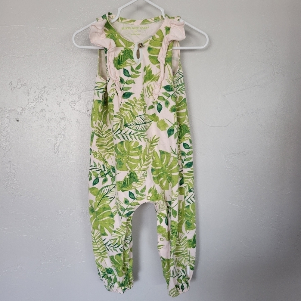 Burt's Bees Baby Girl 12 Months One Piece Jumpsuit Tropical Leaf Light Pink Tank